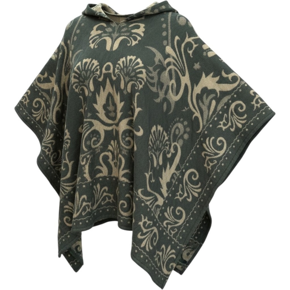 Free People Hooded Poncho Sweater OS Green Floral Damask Knit Wrap Cape Cloak